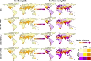 Carte des pénuries d'eau en 2010 et 2050 selon 3 scenarios