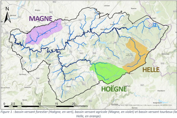 Carte des trois sous-bassins hydrographiques ayant fait l'objet de simulations