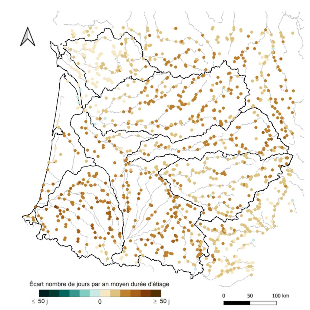 Carte durée des étiages à horizon 2050 dans le bassin Adour-Garonne (données Explore2/INRAE)