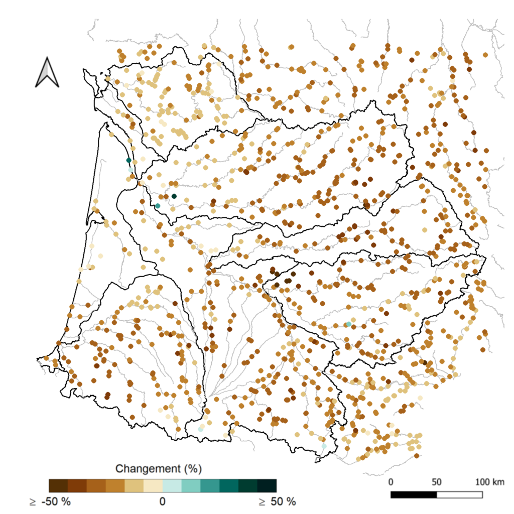 Débit d'étiage (QMNA5) à horizon 2050 (+2,7°C, données Explore2 / INRAE)